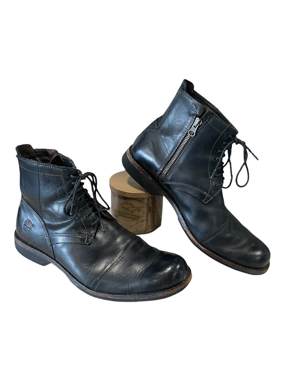 Timberland Black Leather Cap Toe Ankle Motorcycle Boots Men's 9.5 Anti-Fatigue
